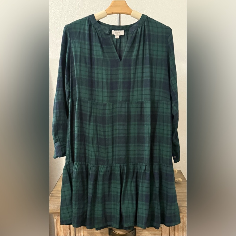 5 for $20 Deal- Loft Green and Navy Plaid Long Sleeve Plaid Dress -Small Petite